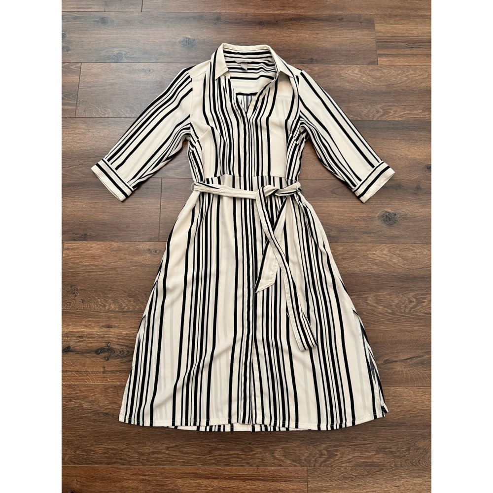 H&M Black White Striped Shirt Dress Midi Belted 3/4 Sleeve XS